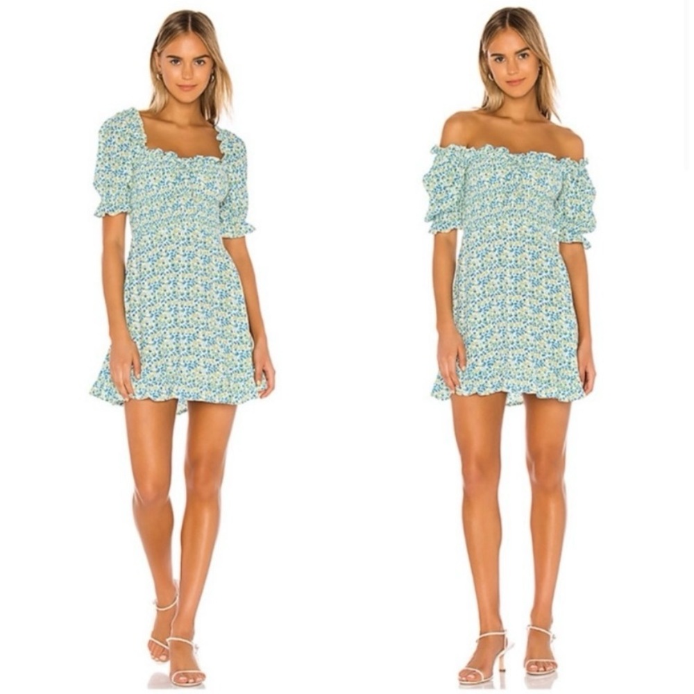 Faithfull The Brand Donna Smocked Ruffle Tilde Floral Dress in Blue Green White